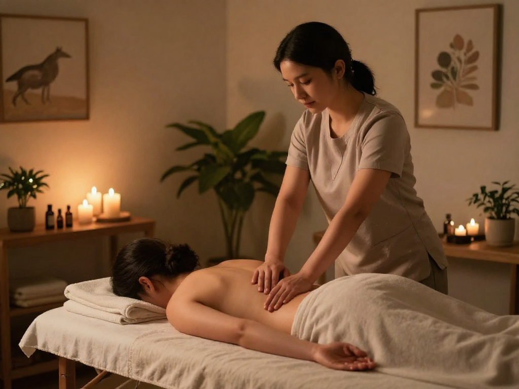 Relaxing 하남출장안마 scene with professional therapist providing massage therapy in cozy home environment.
