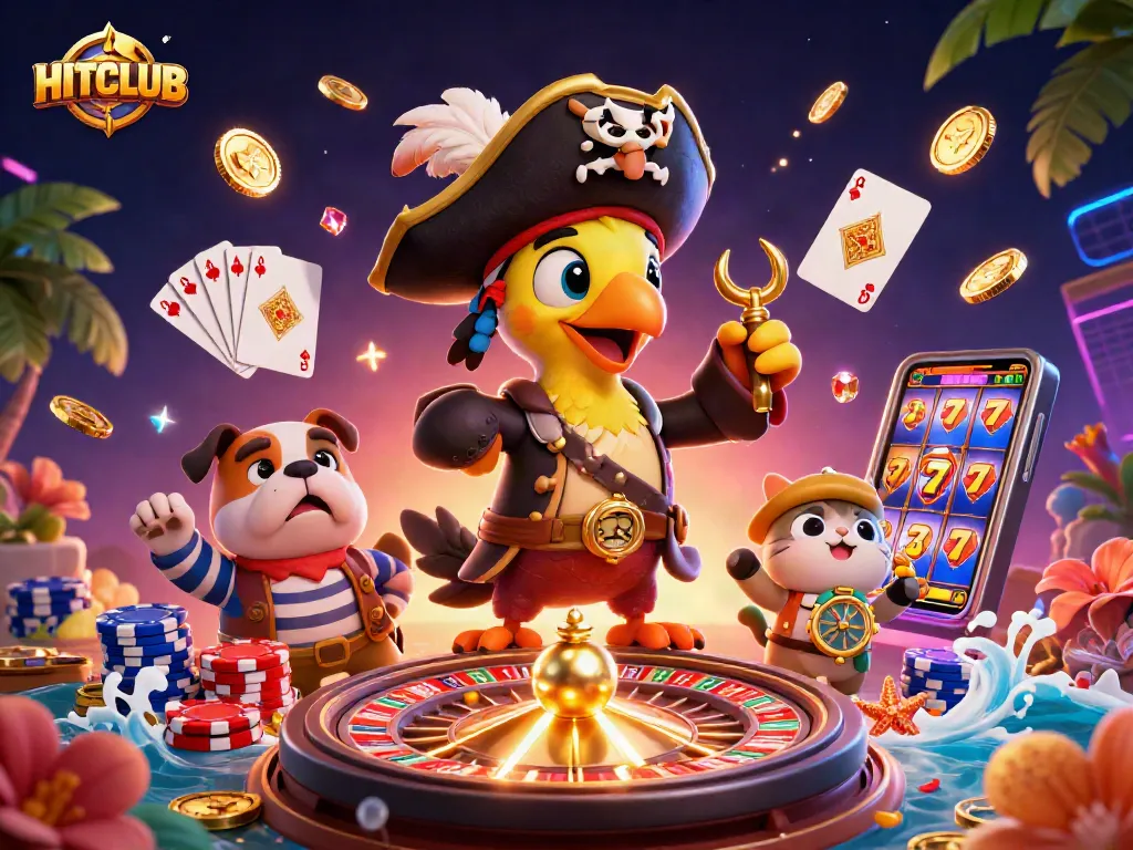 HITCLUB elevates your casino experience with a vibrant 3D scene of playful characters amid dazzling gaming elements.