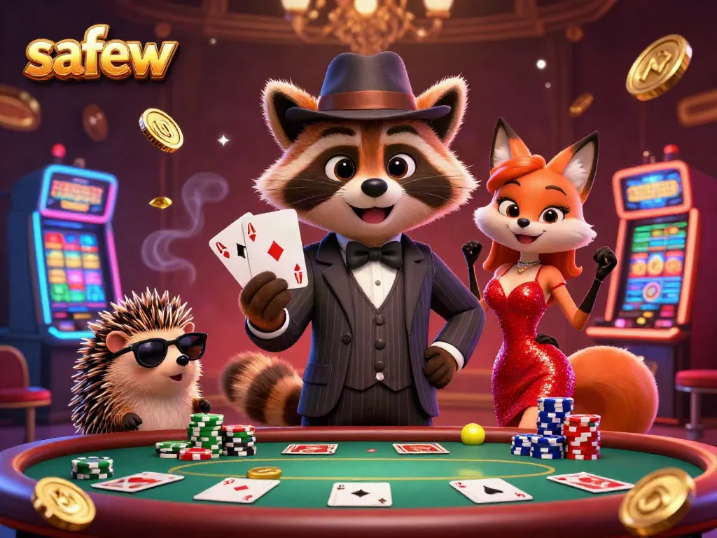 Play poker and win with safew; a dynamic casino scene featuring a suave raccoon, fox lady, and hedgehog bouncer.