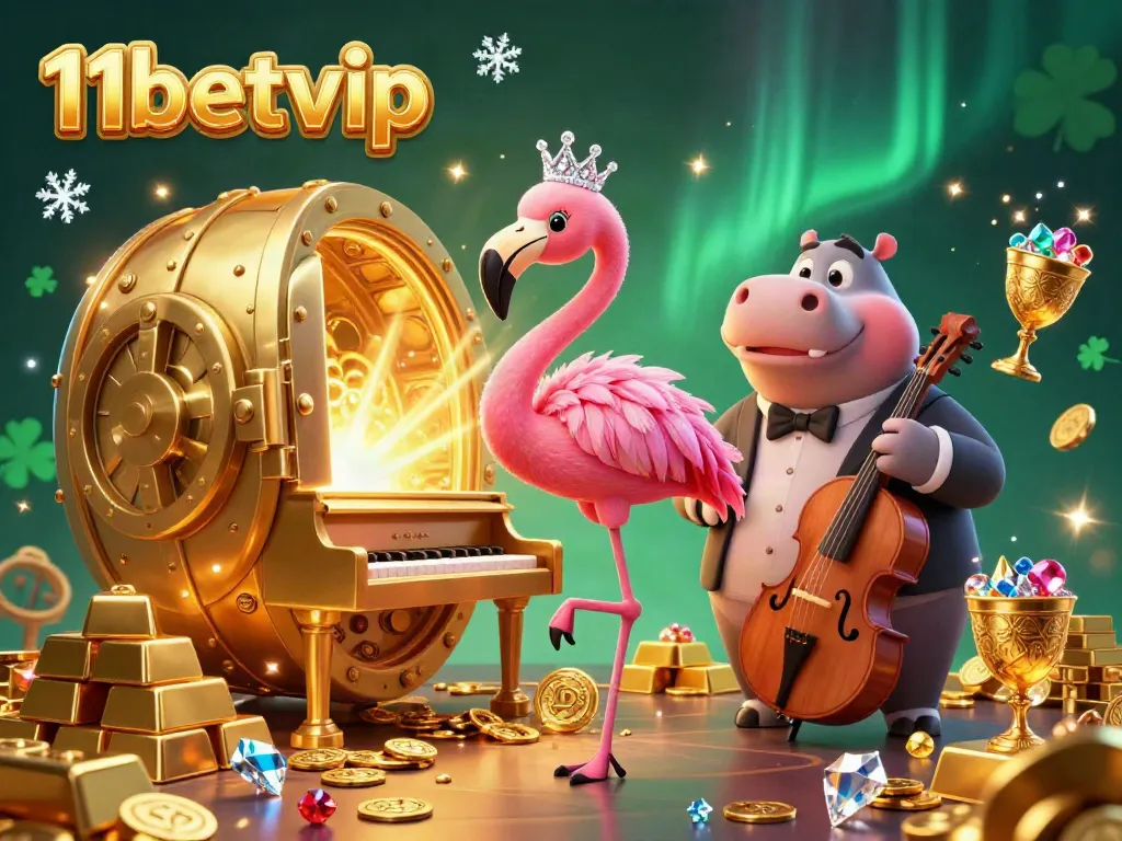 Experience vibrant gaming action with 11betvip's dazzling casino scene featuring unique characters and treasures.