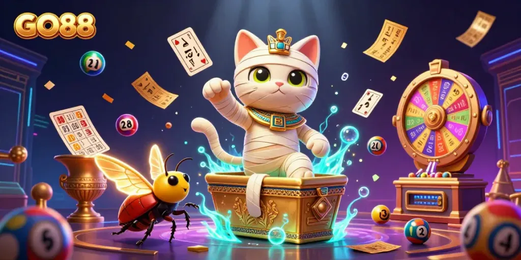 GO88: Egyptian mummy cat and scarab beetle engaging in a vibrant lottery casino scene.