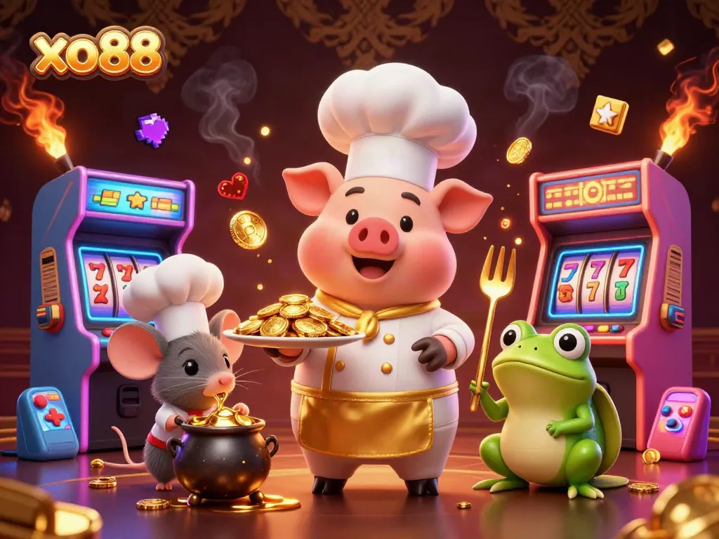 Experience excitement at xo88 as a chef pig serves gold coins, capturing a vibrant casino scene.