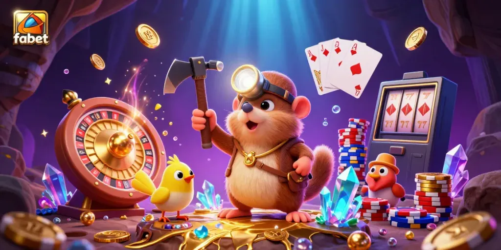 Experience the thrill at fabet with a vibrant casino scene featuring treasure hunter characters amidst glowing gems and golden coins.