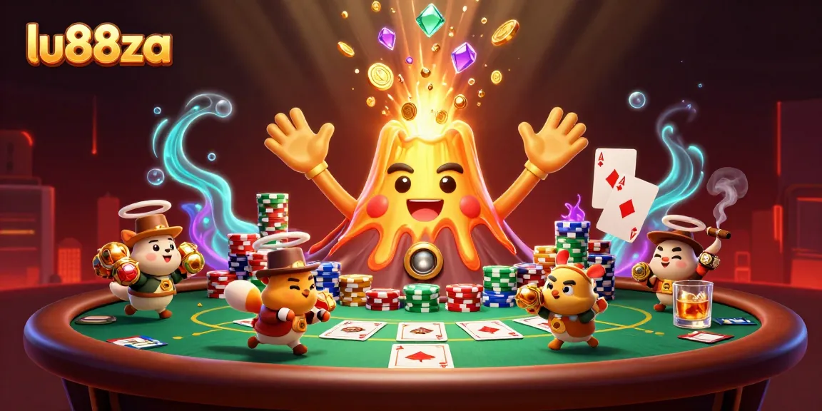 Win exciting treasures at lu88za as a triumphant volcano erupts coins and gems amidst poker chaos.