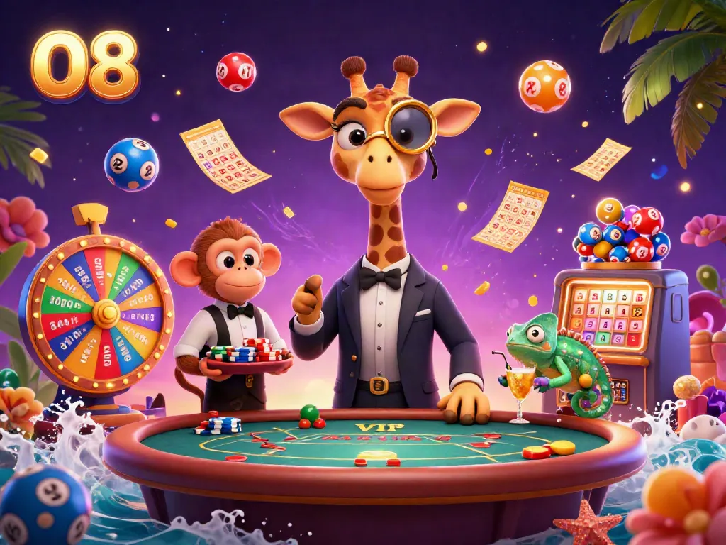 Experience thrilling games at O8 with this vibrant, playful gambling-themed illustration.