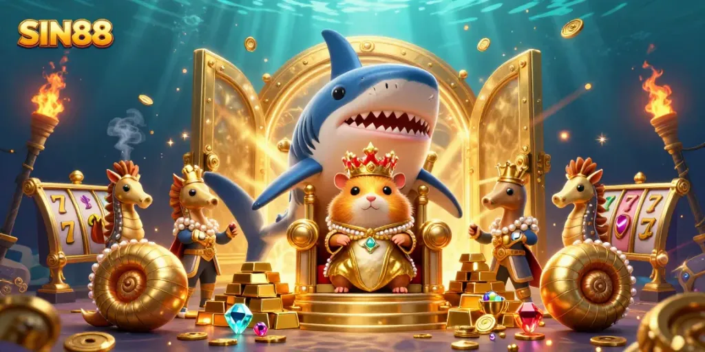 SIN88 online casino illustration featuring a hamster king surrounded by treasure and gaming elements