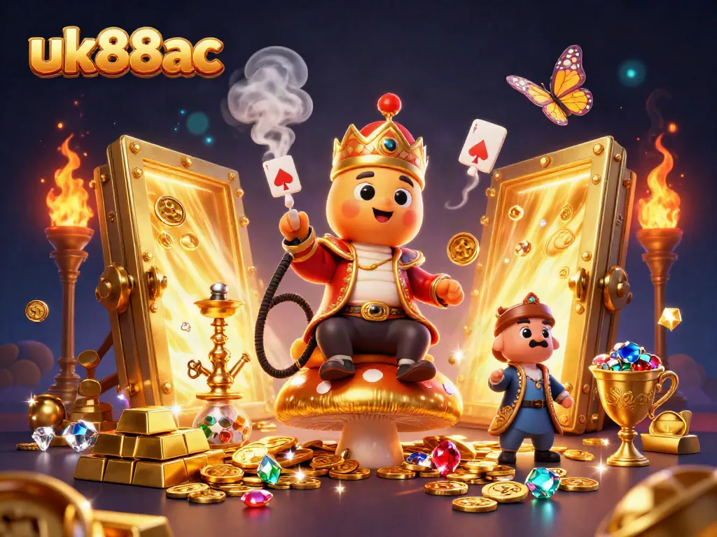 Engage with a thrilling scene of uk88ac, showcasing a whimsical caterpillar in a sultan outfit amidst a golden treasure vault.