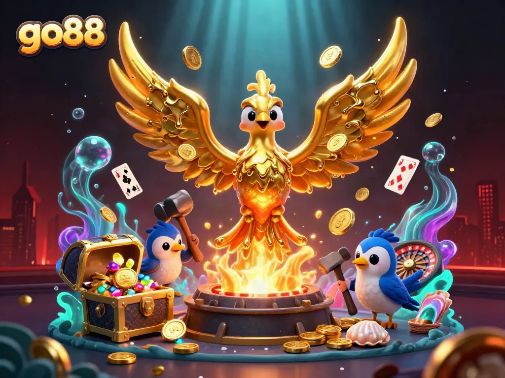 Experience thrilling gameplay with go88, showcasing a golden phoenix and treasure elements in a dynamic casino scene.