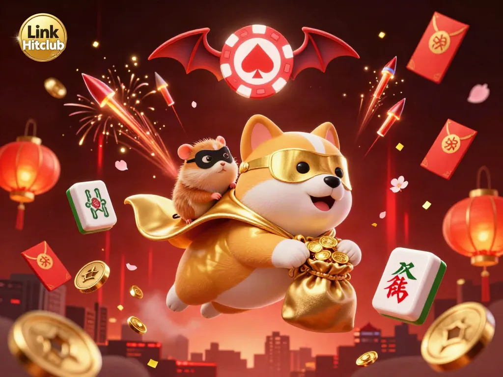 Engage with Link Hitclub through this vibrant scene featuring a superhero dog and hamster, showcasing thrilling gambling elements.