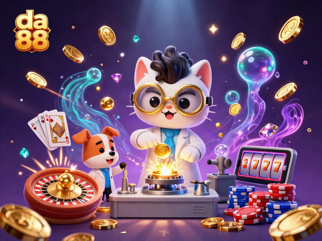 Experience gaming excitement with da 88's 3D scene featuring golden coins and vibrant casino elements.