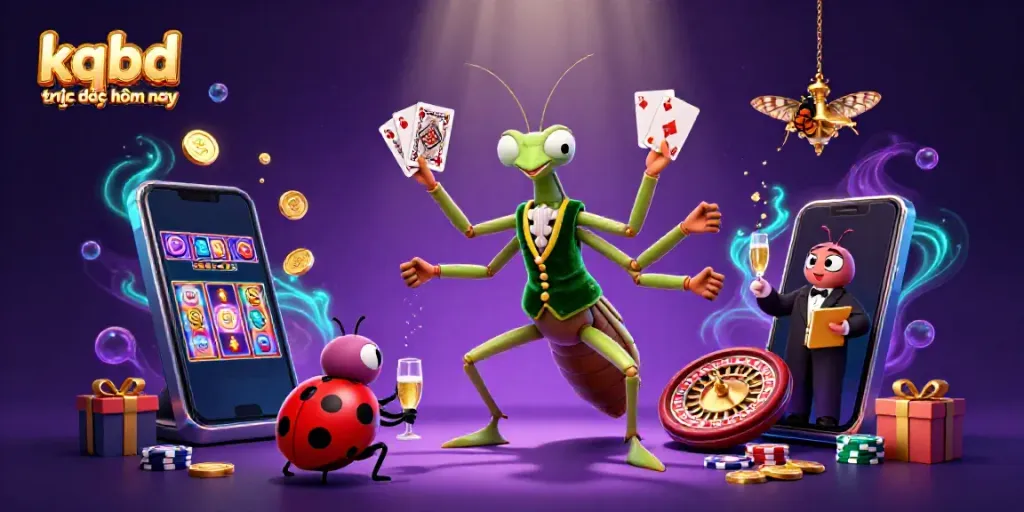 Experience kqbd trực tiếp hôm nay with a vibrant casino scene featuring a mantis card sharp and ladybug pit boss.