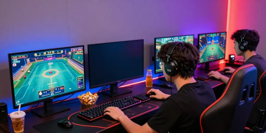 KU88 gaming scene with players enjoying live casino and esports, showcasing excitement and technology.