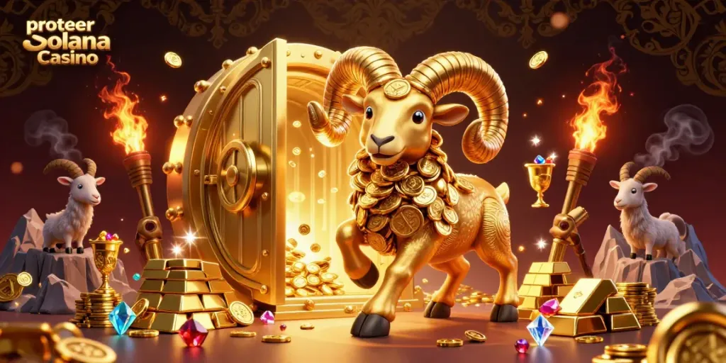 Probeer Solana Casino met gouden ram en schatten in een levendige casino scène.