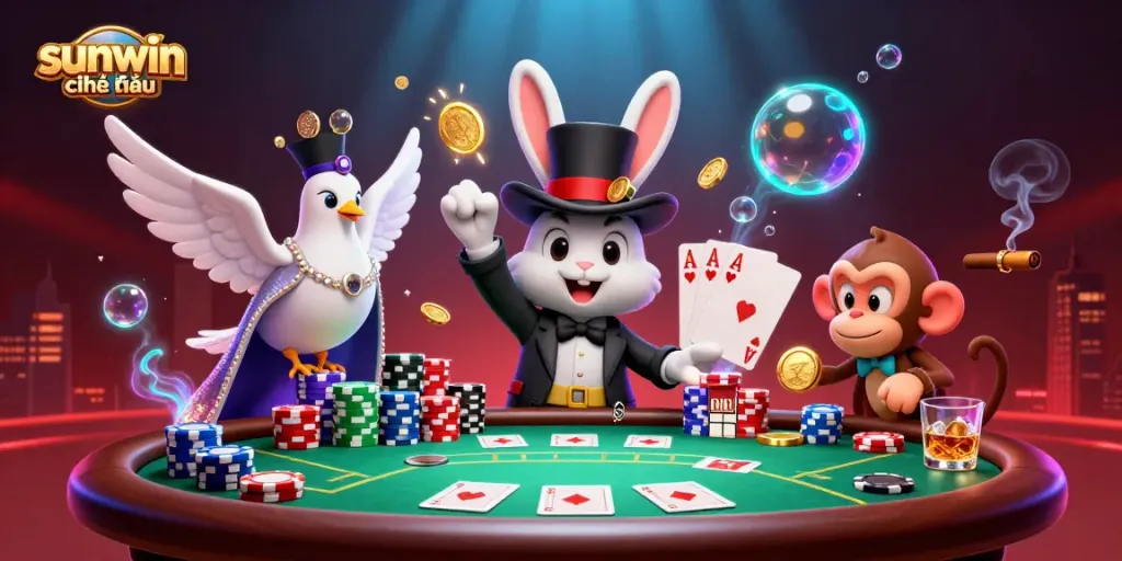 Engage with sunwin chính thức as a magician rabbit pulls coins in a vibrant casino setting.