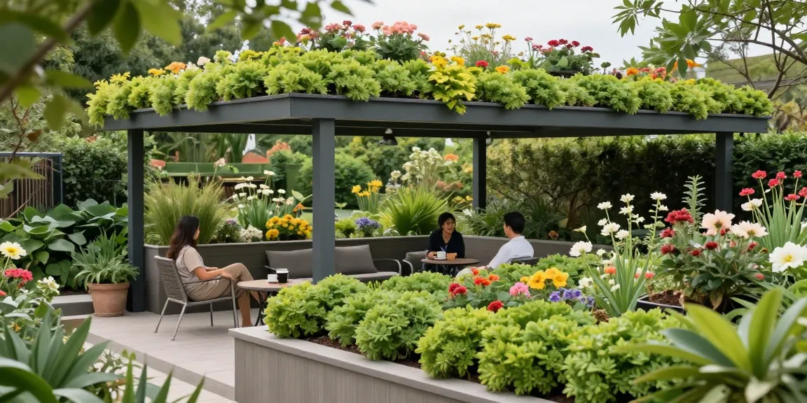 Koppel geniet van een groen dak overkapping in een levendige tuinsetting, die duurzaam buitenleven laat zien.