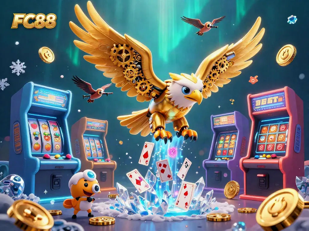 Experience excitement at FC88 with a 3D golden eagle diving through holographic cards amidst vibrant casino elements.