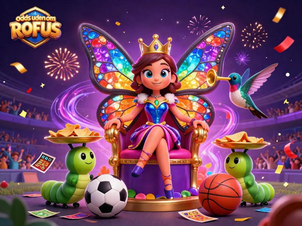 Engage with odds uden om ROFUS featuring a colorful sports betting scene with a butterfly queen and lively elements.