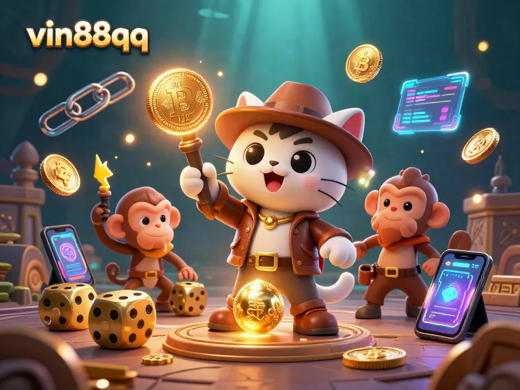 Experience thrilling gaming adventures with vin88qq in a vibrant 3D cartoon casino scene.
