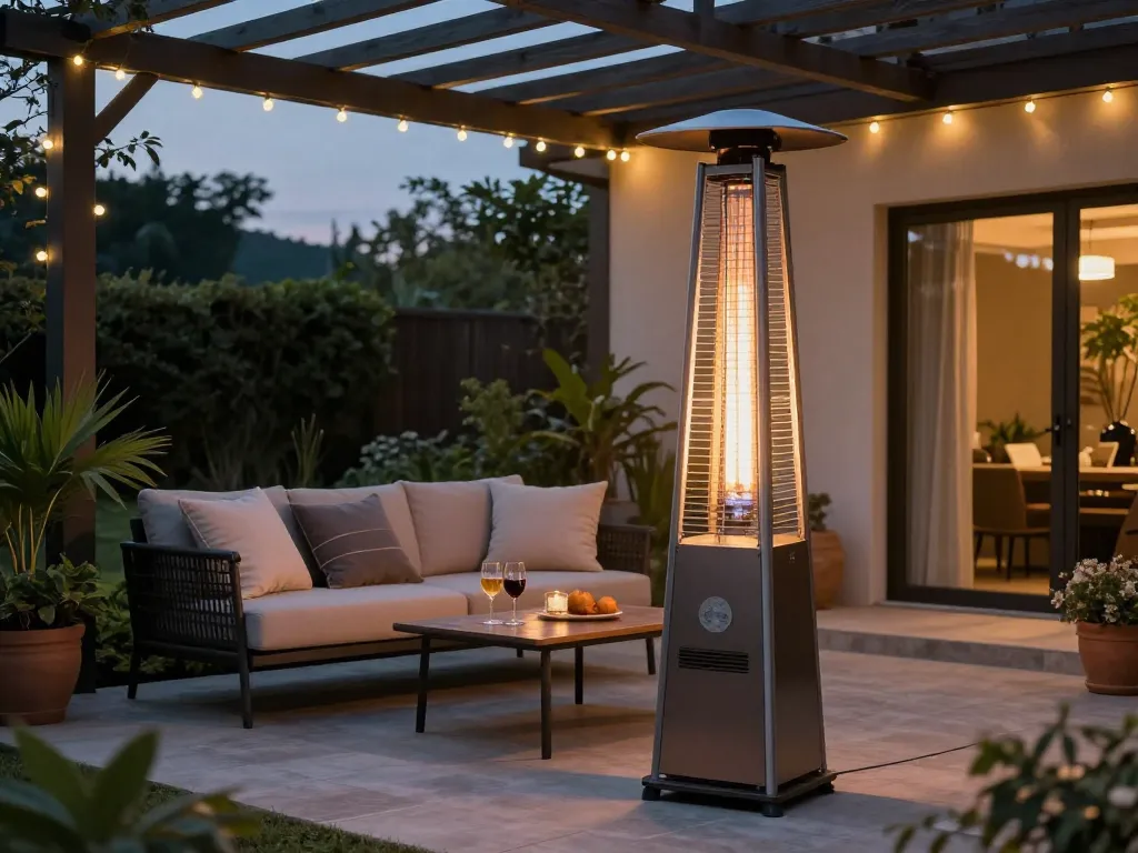Elegante elektrische terrasverwarmer staand in een gezellige patio-omgeving, die de avondontspanning verbetert.