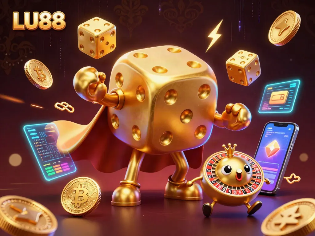 LU88 captures casino excitement with vibrant golden dice golem juggling under neon lights.