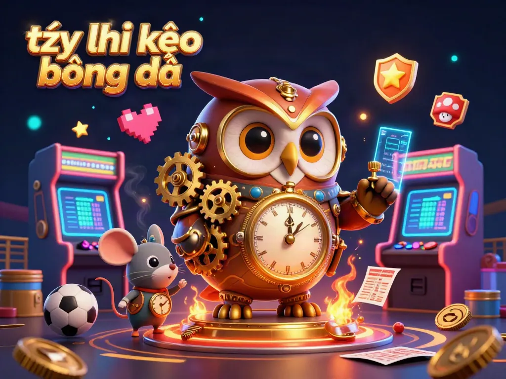 Visualize tỷ lệ kèo bóng đá with a dynamic 3D illustration of an owl and sports betting elements.