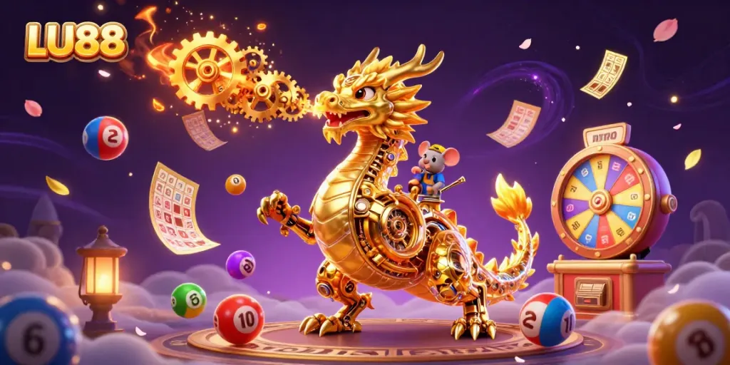 Experience the thrilling LU88 casino scene with a golden dragon and vibrant game elements.