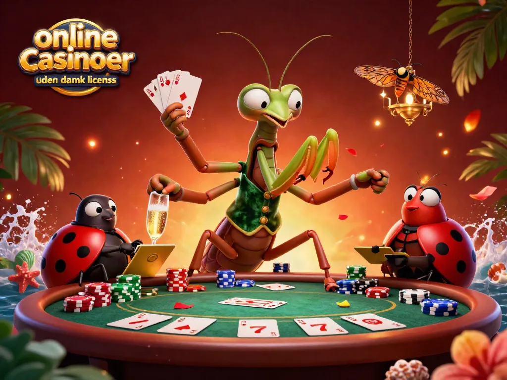 Playing in online casinoer uden dansk licens with vibrant scenes of card dealing, poker action, and colorful decorations.