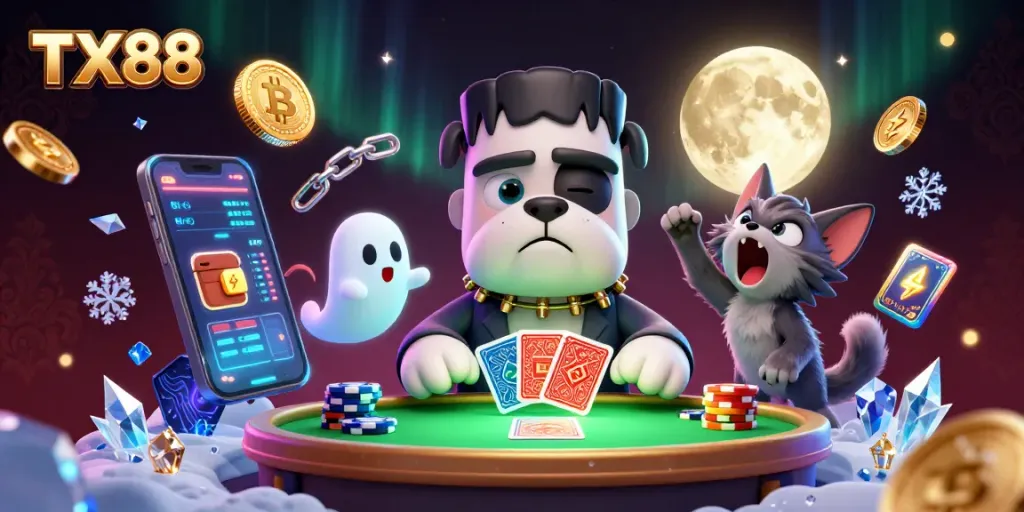TX88 engages in thrilling card games at a spooky casino with ghostly elements.