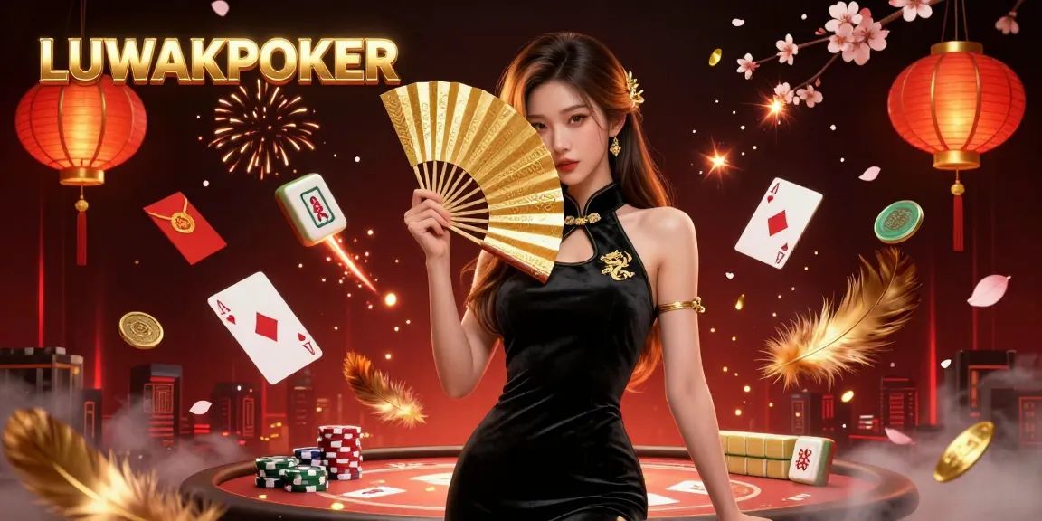 LUWAKPOKER showcases a captivating illustration of a poker scene with dynamic golden elements and an elegant character.