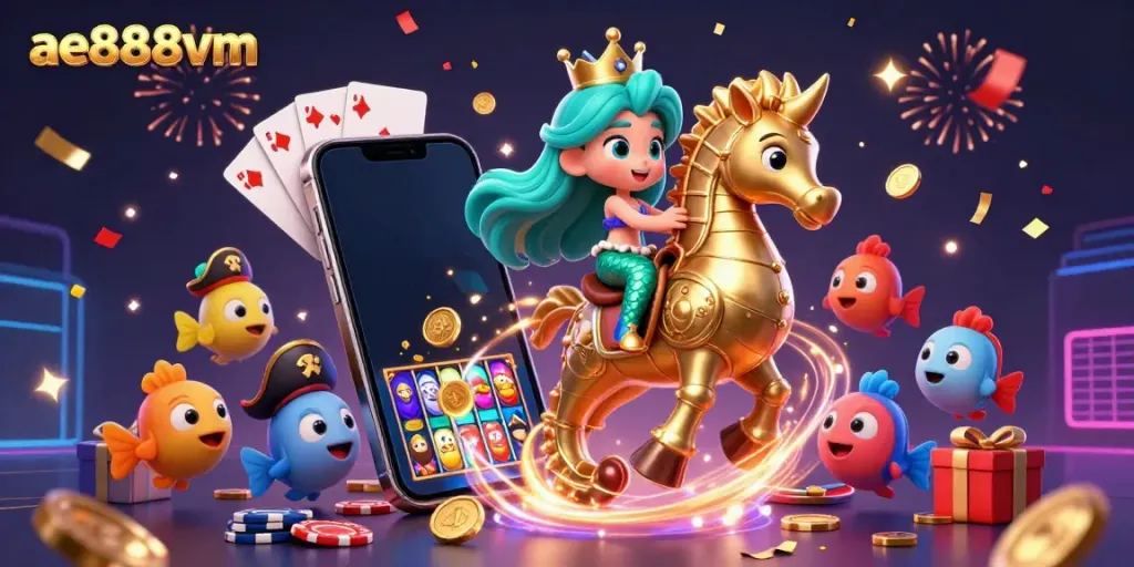 Experience vibrant gaming action with ae888vm in an enchanting 3D casino scene.