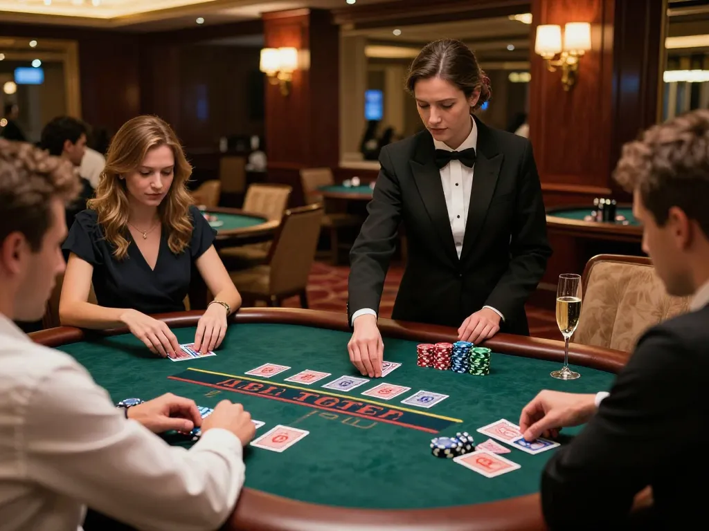Lu88 players strategizing at an exclusive blackjack table in a luxurious casino setting