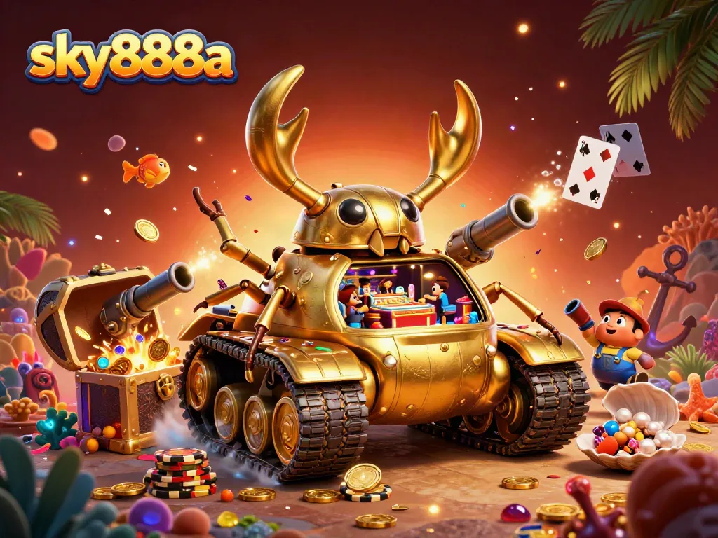 Experience thrilling casino action with sky888a's immersive games and gold treasures in this vibrant 3D scene.