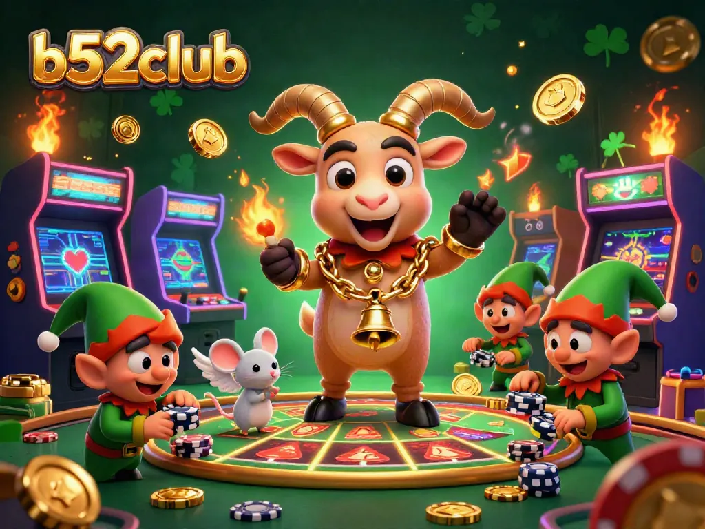 B52club offers an energetic casino experience with vibrant characters, colorful arcade machines, and intense gambling action.