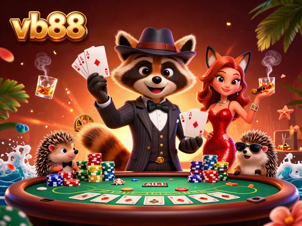 Win big at the poker table with vb88, featuring cartoon characters enjoying a vibrant casino scene.