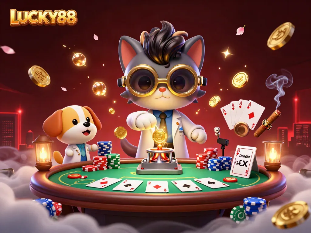 Experience the excitement of LUCKY88 with a vibrant 3D casino scene featuring thematic characters and elements.