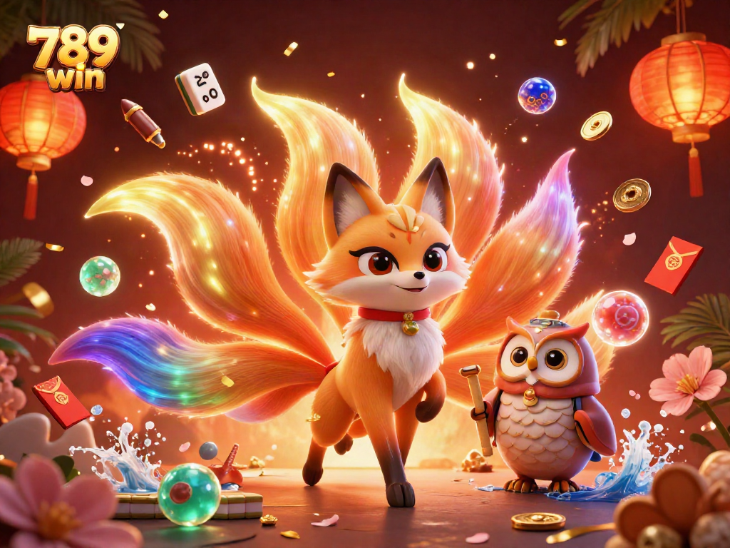 Experience the excitement of gambling with 789 win, featuring a colorful nine-tailed fox and lucky festive elements.