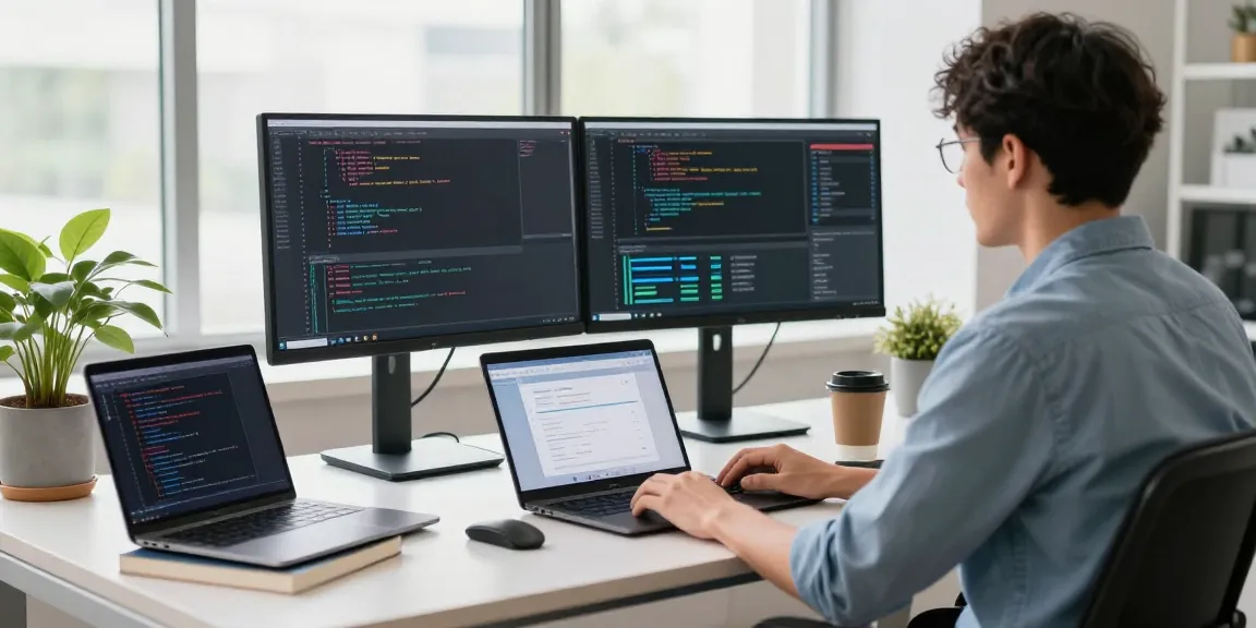 快连 developer working at a modern desk with dual monitors in a bright office.