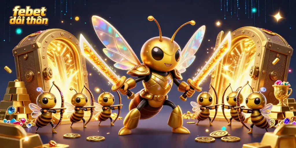 Experience febet đổi thưởng in an electrifying scene with a giant golden hornet samurai and treasure.