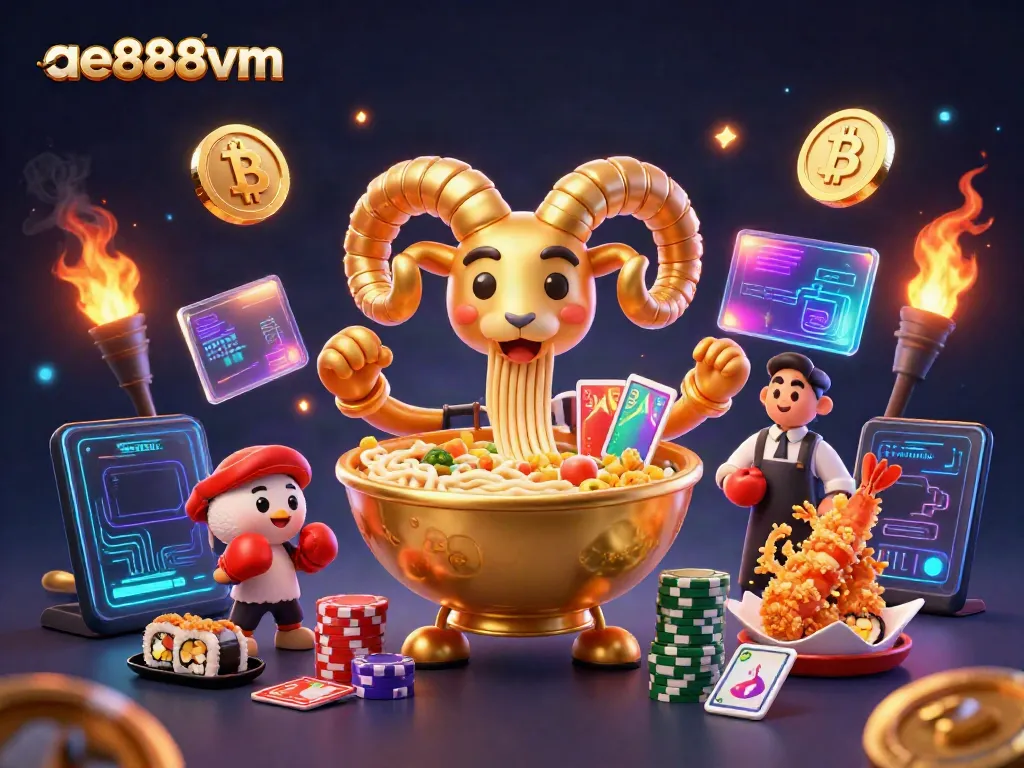 Engage with ae888vm's dynamic casino experience featuring vibrant characters and cryptocurrency elements.