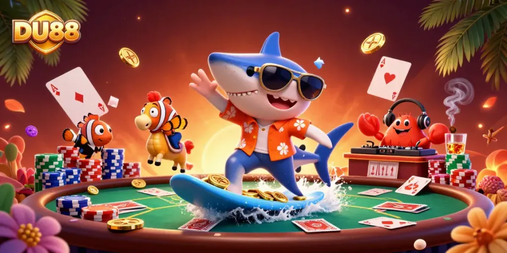 Engage in DU88's exciting casino experience with colorful poker elements and vibrant characters.