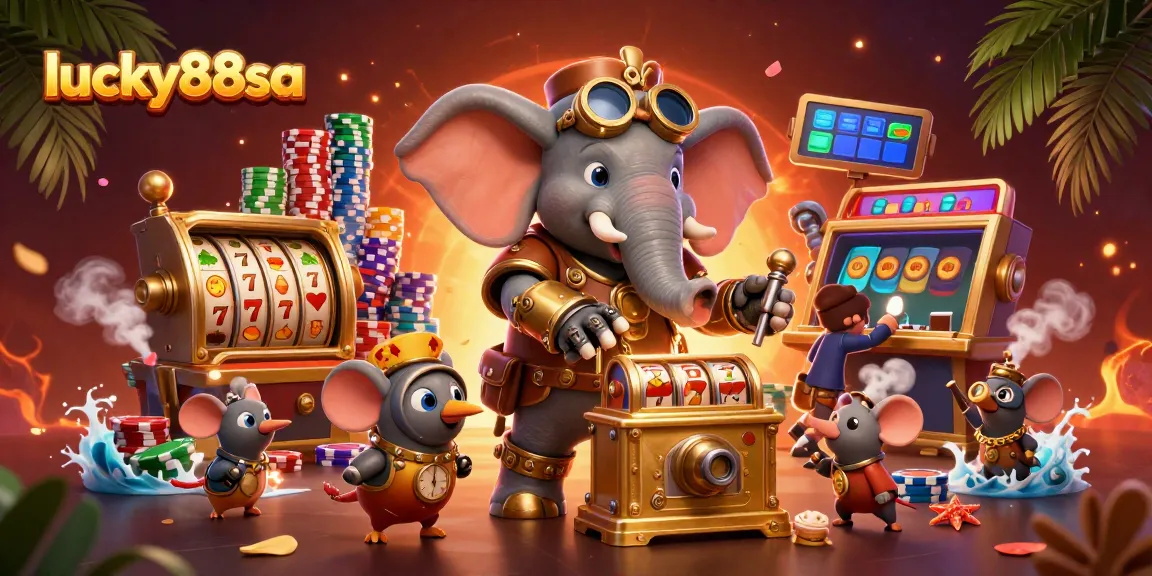 Engage with immersive gaming at lucky88sa, featuring a cartoon elephant engineer and vibrant slot elements.