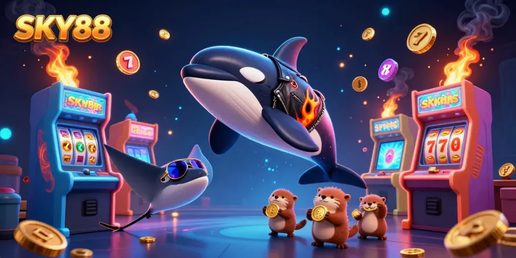 Experience the thrill of SKY88 with a vibrant underwater casino scene featuring characters and gaming elements.
