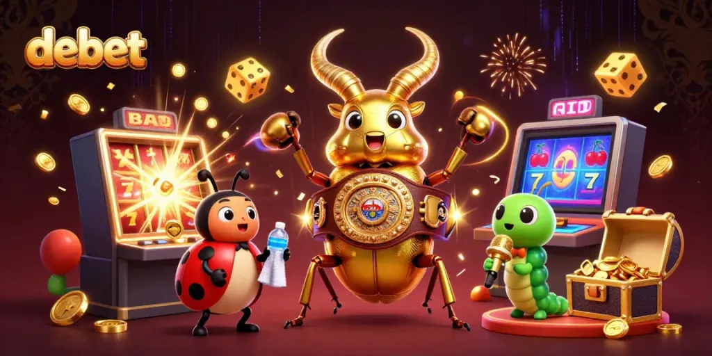 Win big at debet as a giant golden stag beetle faces off in a vibrant, 3D casino scene.