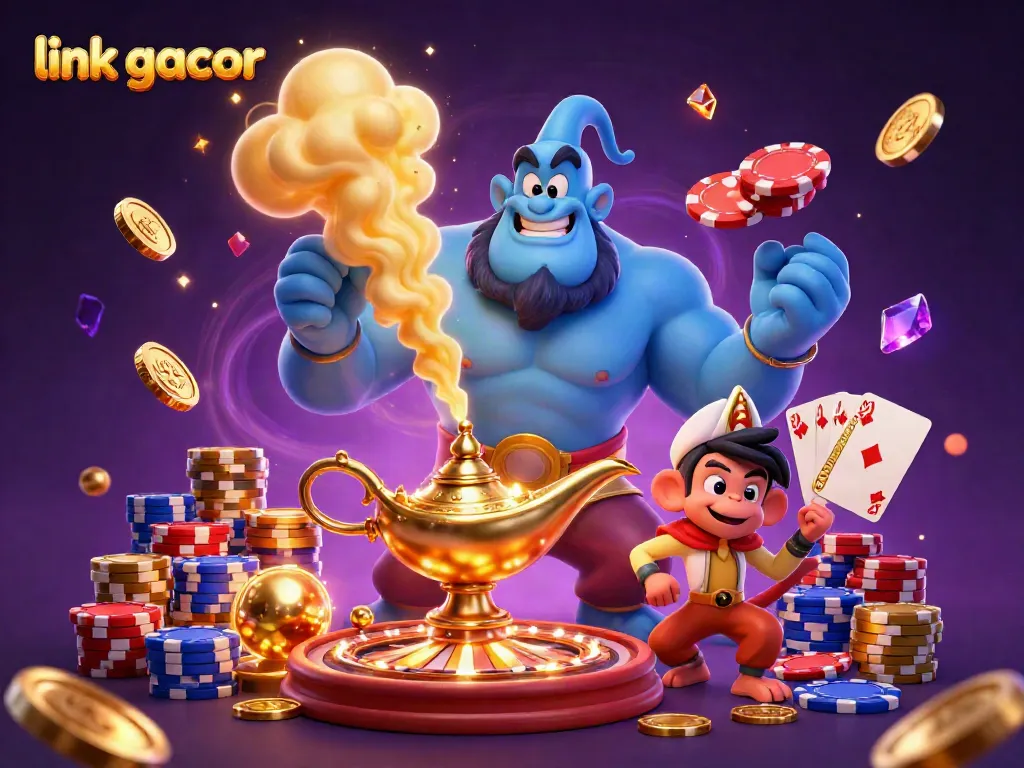 Unleash the excitement of link gacor with a dynamic 3D casino illustration featuring a genie, a monkey, and poker elements.