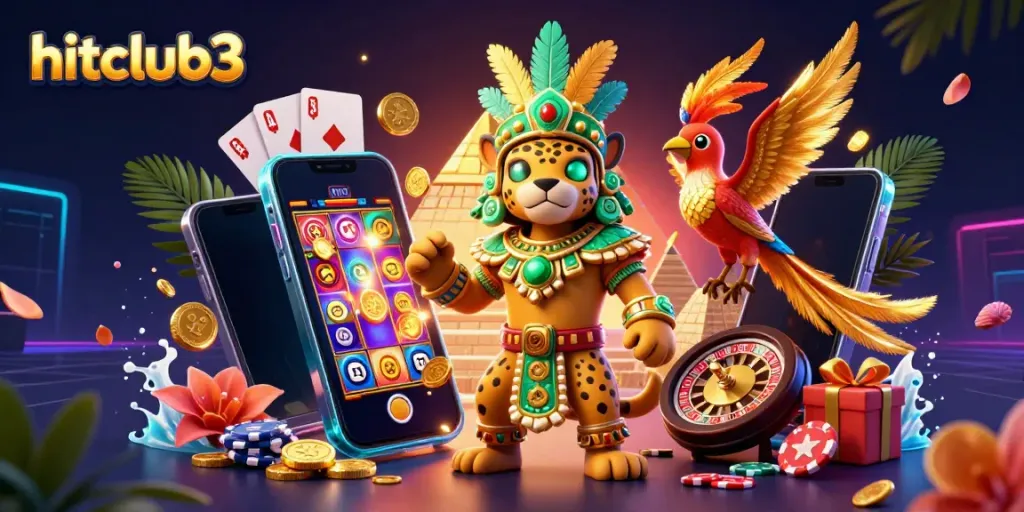 Experience the excitement at hitclub3 with vibrant 3D gaming elements and Mayan-themed characters in a dynamic casino setting.