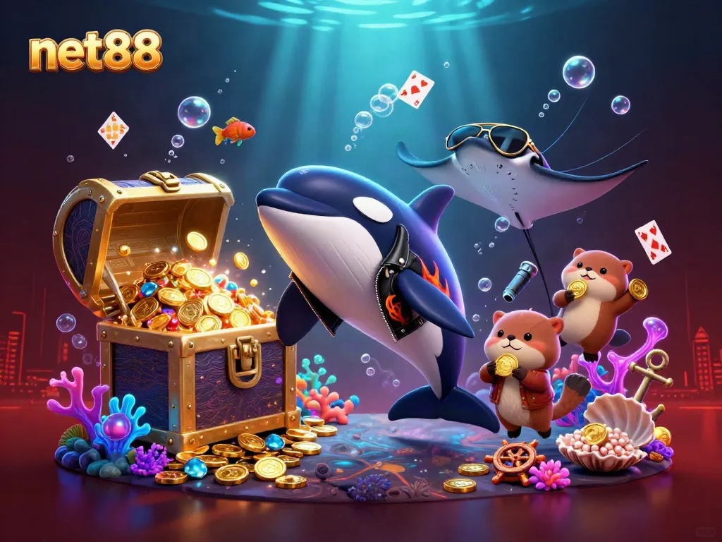 Engage in underwater fun with net88's colorful 3D scene featuring vibrant characters and gambling elements.