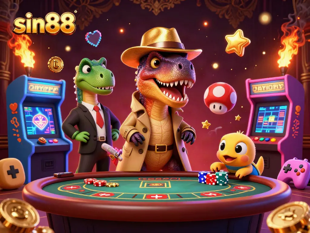 Experience thrilling gameplay at sin88 with a velociraptor card counter and colorful casino elements.