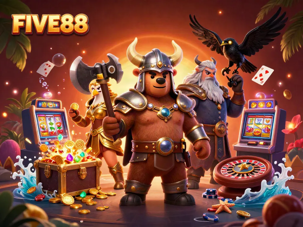 Experience the thrill of FIVE88 with a dynamic Viking and Valkyrie amidst a rich casino scene of slot machines and treasure.