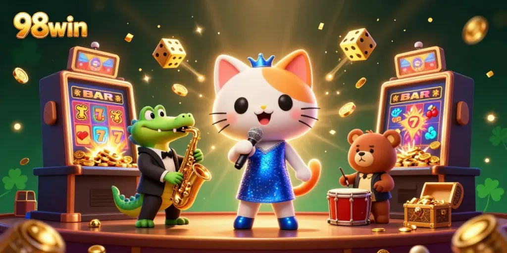 Experience the excitement at 98win with a dynamic casino scene featuring a singing cat, saxophone crocodile, and drumming bear.