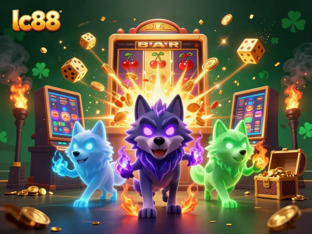 Experience excitement at lc88 with a dynamic scene of casino thrills featuring glowing wolves and jackpot symbols.